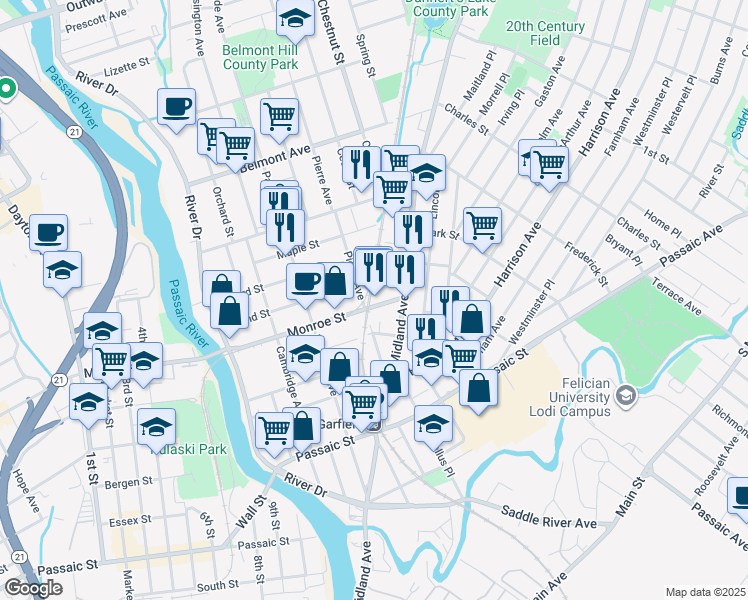 map of restaurants, bars, coffee shops, grocery stores, and more near 129 Monroe Street in Garfield