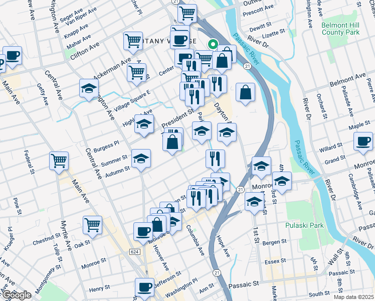 map of restaurants, bars, coffee shops, grocery stores, and more near 189 Harrison Street in Passaic