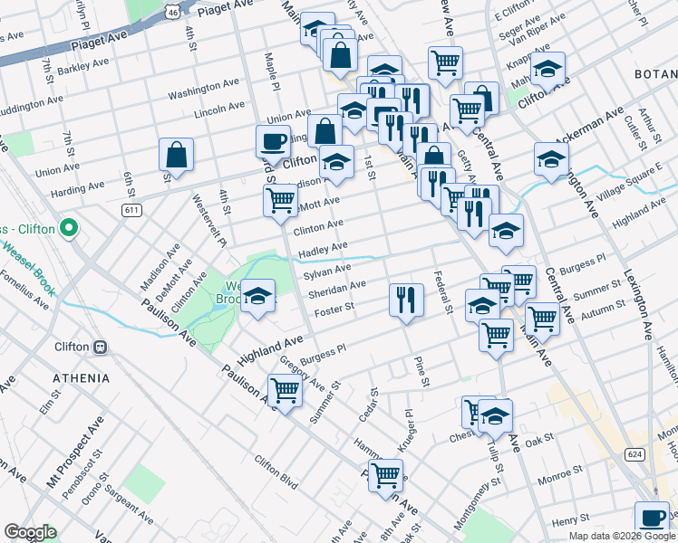 map of restaurants, bars, coffee shops, grocery stores, and more near 47 2nd Street in Clifton