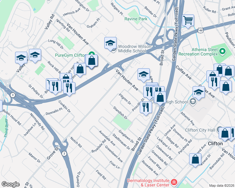map of restaurants, bars, coffee shops, grocery stores, and more near 84 Pilgrim Drive in Clifton