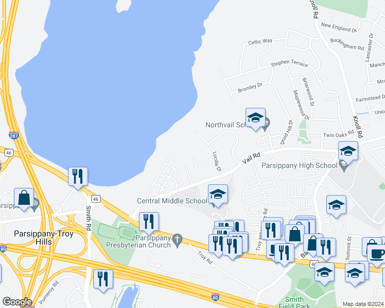 map of restaurants, bars, coffee shops, grocery stores, and more near 80 Reservoir Road in Parsippany-Troy Hills