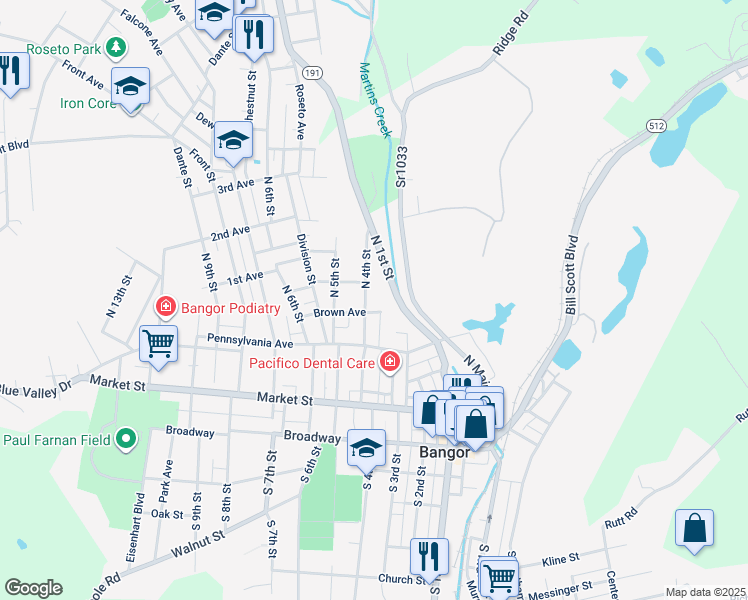 map of restaurants, bars, coffee shops, grocery stores, and more near 219 North 4th Street in Bangor