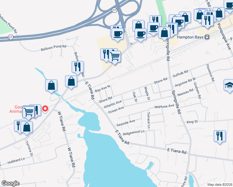 map of restaurants, bars, coffee shops, grocery stores, and more near 60 Shore Road in Hampton Bays