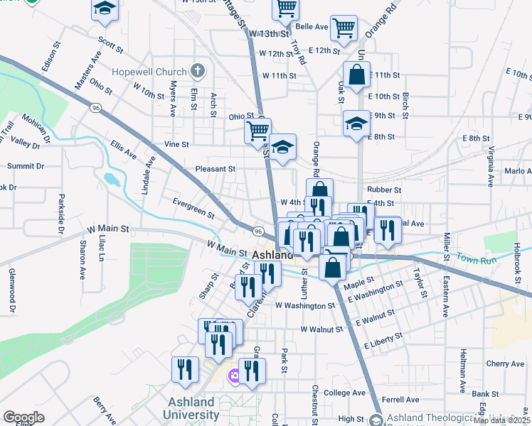 map of restaurants, bars, coffee shops, grocery stores, and more near 334 Cottage Street in Ashland