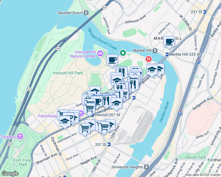 map of restaurants, bars, coffee shops, grocery stores, and more near 31 Park Terrace West in New York