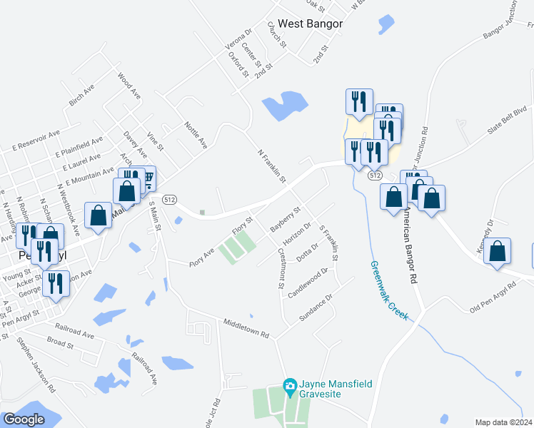 map of restaurants, bars, coffee shops, grocery stores, and more near 1114 Flory Avenue in Pen Argyl