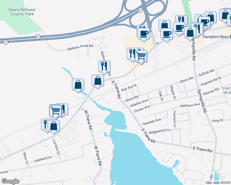 map of restaurants, bars, coffee shops, grocery stores, and more near 10 East Tiana Road in Hampton Bays