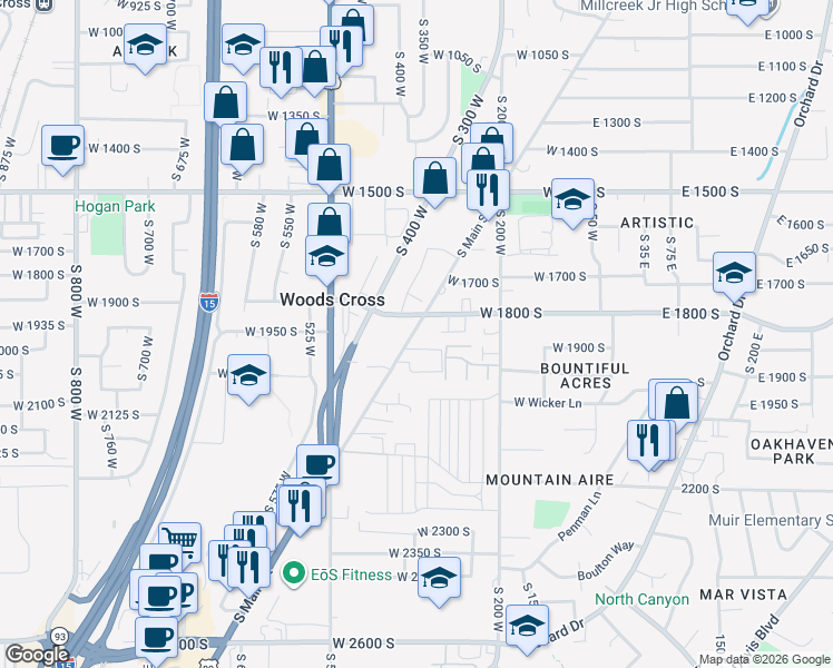 map of restaurants, bars, coffee shops, grocery stores, and more near 1847 South Main Street in Bountiful