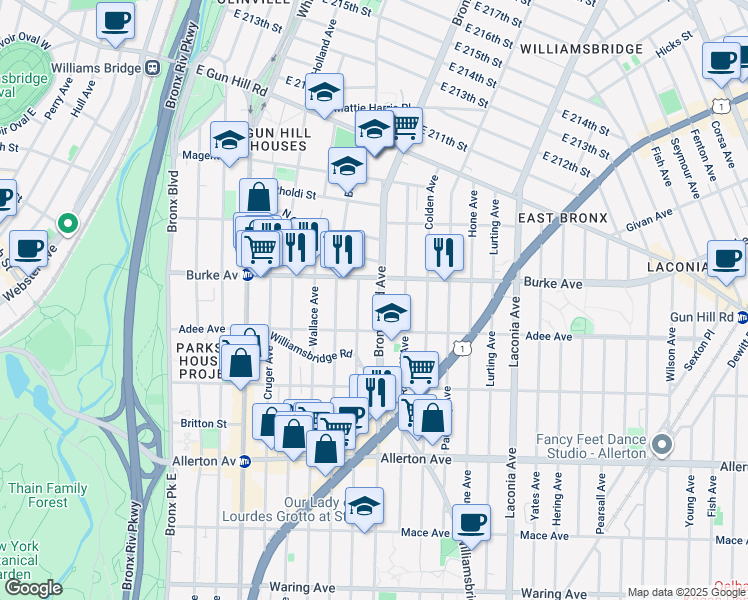 map of restaurants, bars, coffee shops, grocery stores, and more near 3027 Bronxwood Avenue in Bronx