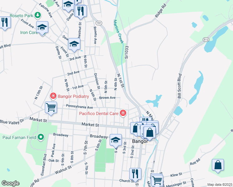 map of restaurants, bars, coffee shops, grocery stores, and more near 219 North 4th Street in Bangor