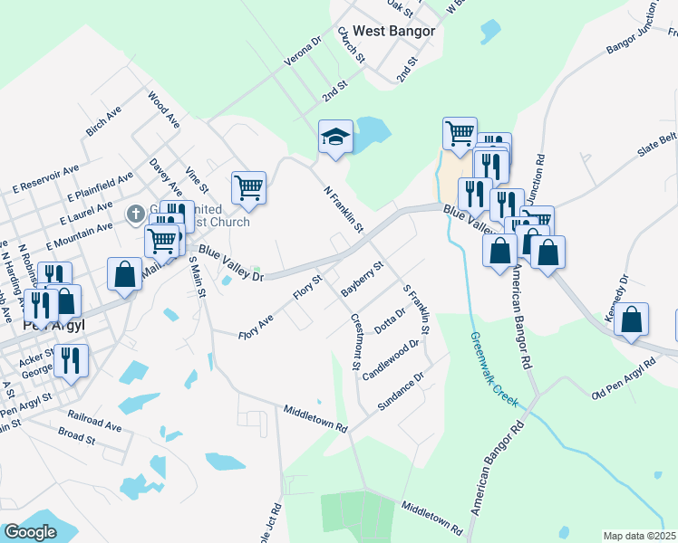map of restaurants, bars, coffee shops, grocery stores, and more near 1114 Flory Avenue in Pen Argyl