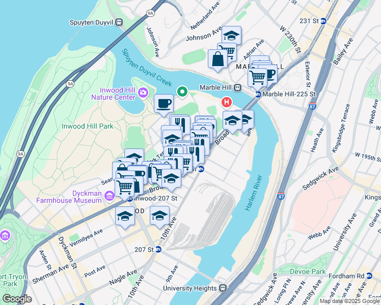 map of restaurants, bars, coffee shops, grocery stores, and more near 70 Park Terrace East in New York
