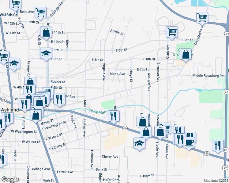 map of restaurants, bars, coffee shops, grocery stores, and more near 540 Cleveland Avenue in Ashland