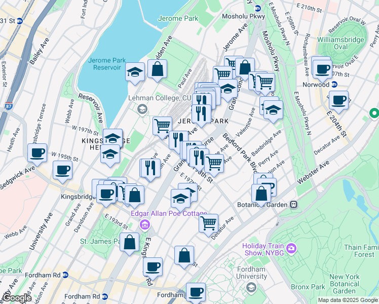 map of restaurants, bars, coffee shops, grocery stores, and more near Grand Concourse & Minerva Pl in Bronx