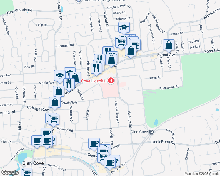 map of restaurants, bars, coffee shops, grocery stores, and more near 101 Saint Andrews Lane in Glen Cove