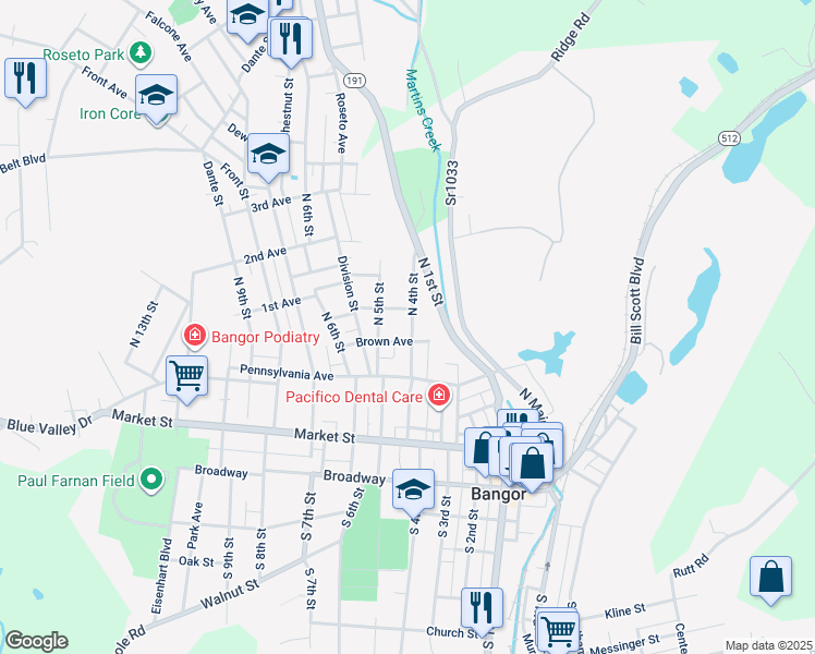 map of restaurants, bars, coffee shops, grocery stores, and more near 220 North 4th Street in Bangor