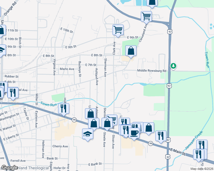 map of restaurants, bars, coffee shops, grocery stores, and more near 275 Sherman Avenue in Ashland