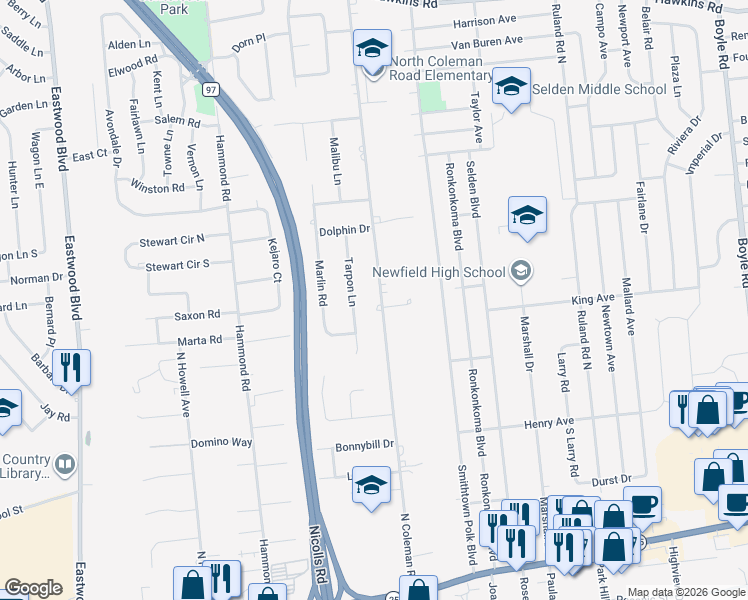 map of restaurants, bars, coffee shops, grocery stores, and more near 106 North Coleman Road in Centereach