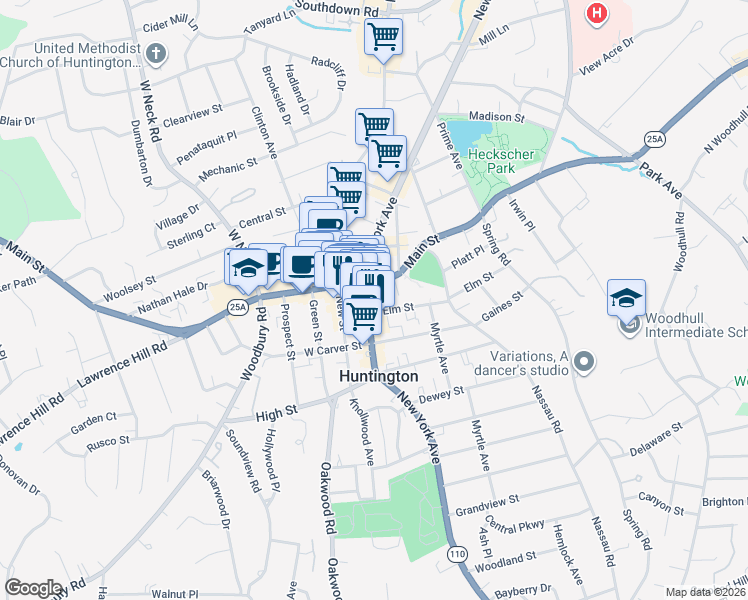 map of restaurants, bars, coffee shops, grocery stores, and more near 281 Main Street in Huntington