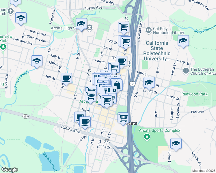 map of restaurants, bars, coffee shops, grocery stores, and more near 1100 H Street in Arcata
