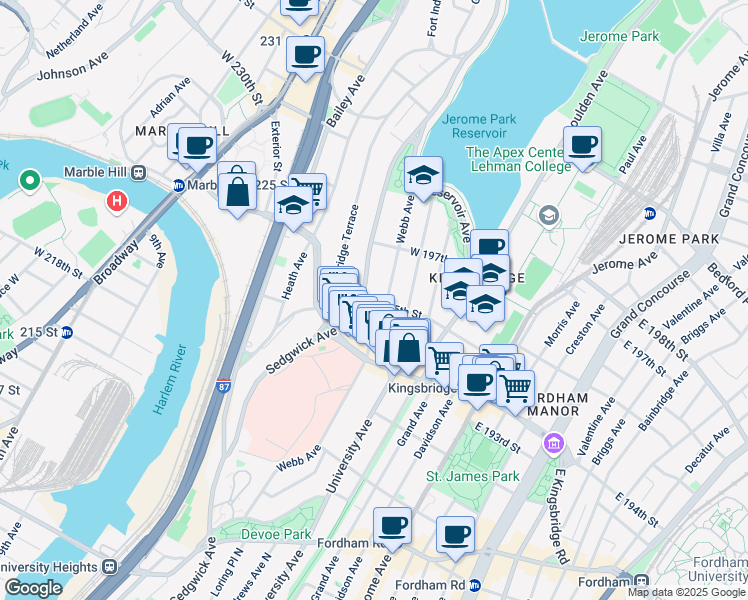 map of restaurants, bars, coffee shops, grocery stores, and more near 151 West 195th Street in Bronx
