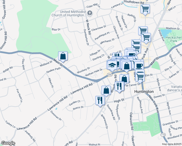 map of restaurants, bars, coffee shops, grocery stores, and more near 47 Nathan Hale Drive in Huntington