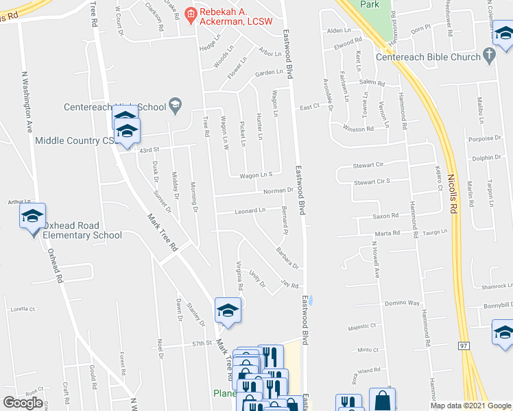 map of restaurants, bars, coffee shops, grocery stores, and more near 20 Leonard Lane in Centereach