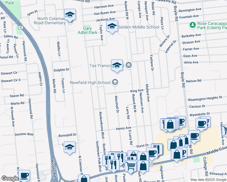 map of restaurants, bars, coffee shops, grocery stores, and more near 17 King Avenue in Selden