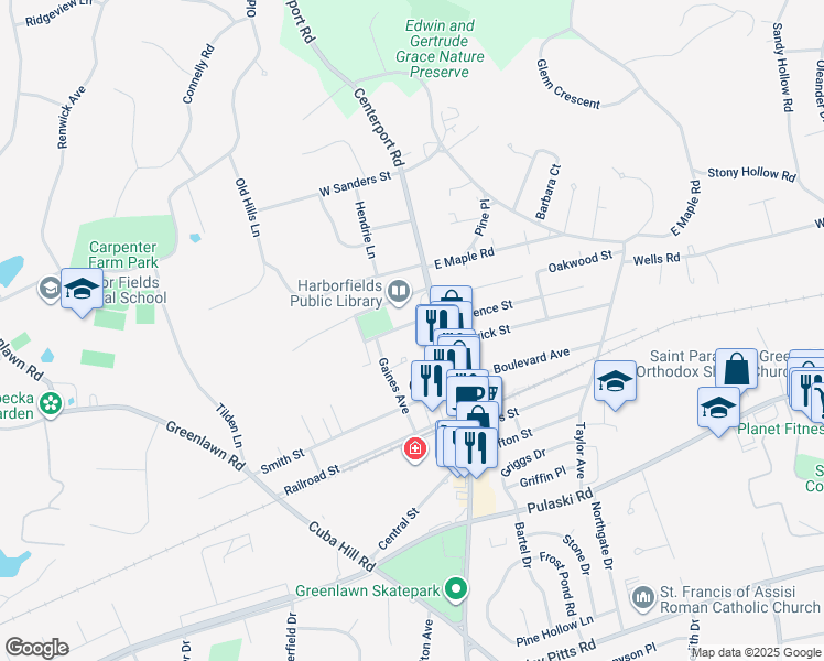 map of restaurants, bars, coffee shops, grocery stores, and more near 8 Ann Street in Greenlawn