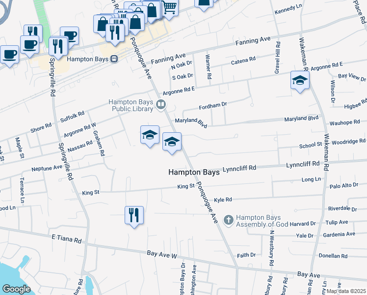 map of restaurants, bars, coffee shops, grocery stores, and more near 73 County Road 32 in Hampton Bays