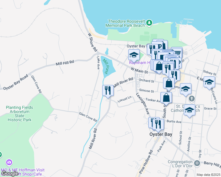 map of restaurants, bars, coffee shops, grocery stores, and more near 106 Mill River Road in Oyster Bay