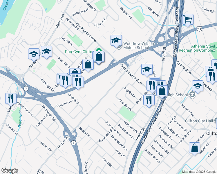 map of restaurants, bars, coffee shops, grocery stores, and more near 338 County Route 623 in Clifton