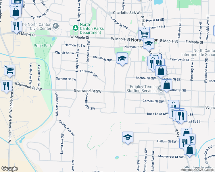 map of restaurants, bars, coffee shops, grocery stores, and more near 810 Sunset Boulevard Southwest in North Canton