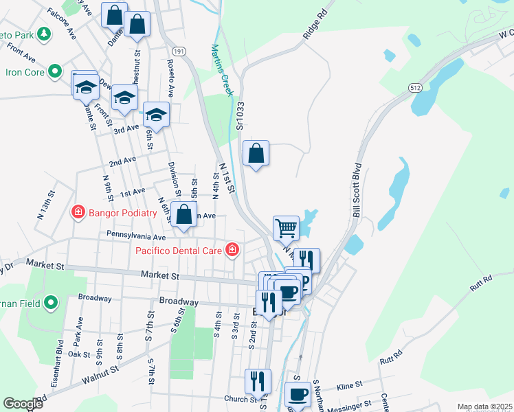 map of restaurants, bars, coffee shops, grocery stores, and more near 319 North Main Street in Bangor