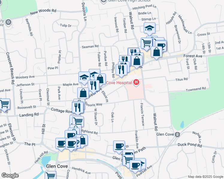 map of restaurants, bars, coffee shops, grocery stores, and more near 156 Saint Andrews Lane in Glen Cove