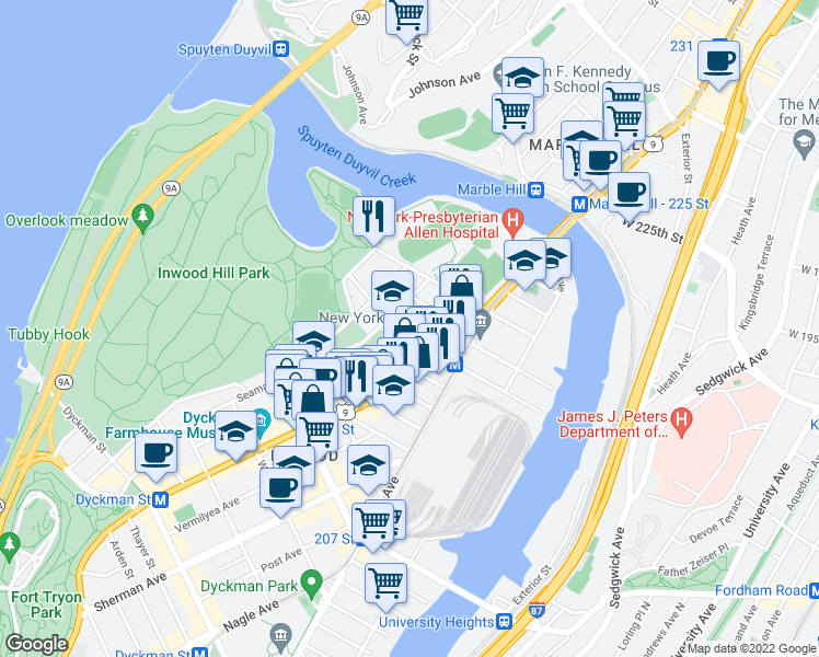map of restaurants, bars, coffee shops, grocery stores, and more near 55 Park Terrace East in New York