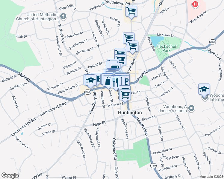 map of restaurants, bars, coffee shops, grocery stores, and more near 304 Main Street in Huntington