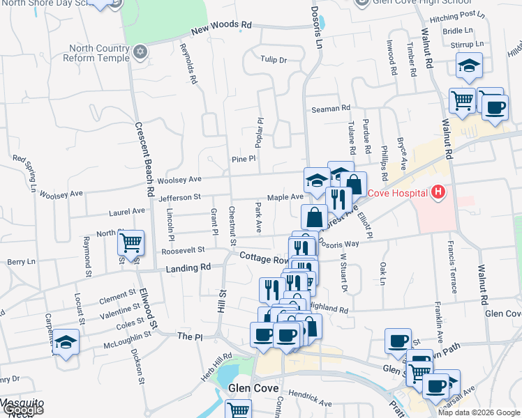 map of restaurants, bars, coffee shops, grocery stores, and more near 17 Park Avenue in Glen Cove