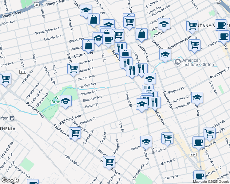 map of restaurants, bars, coffee shops, grocery stores, and more near 74 Sheridan Avenue in Clifton