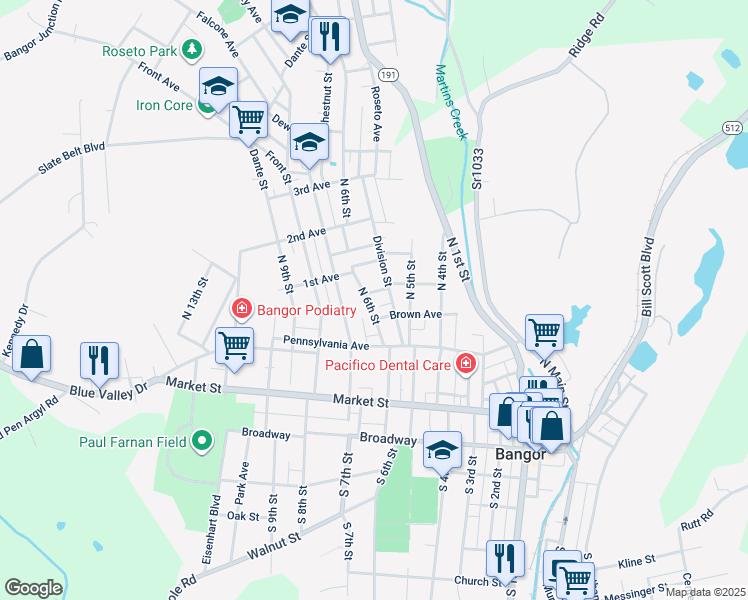map of restaurants, bars, coffee shops, grocery stores, and more near 222 North 6th Street in Bangor