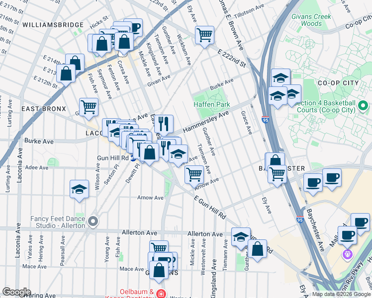 map of restaurants, bars, coffee shops, grocery stores, and more near 3023 Mickle Avenue in Bronx