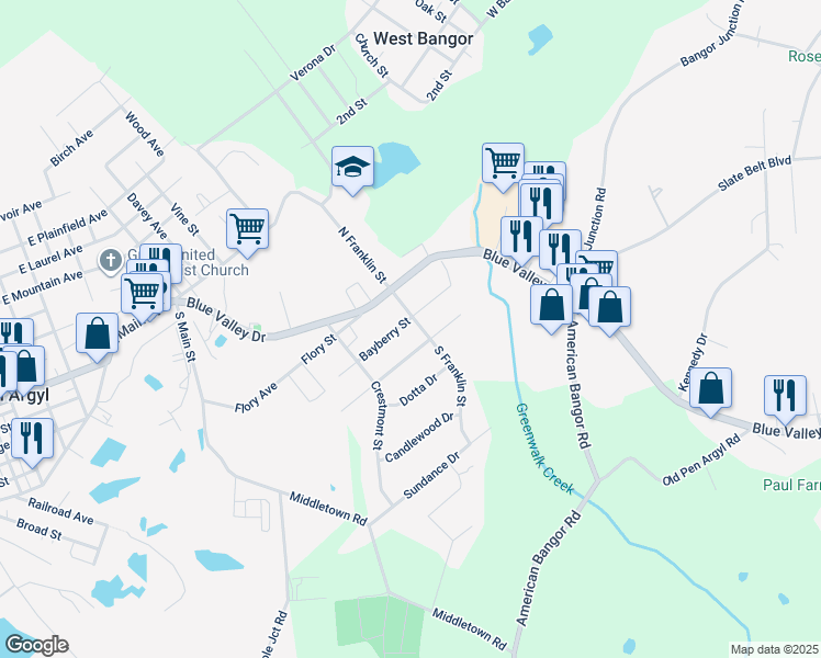 map of restaurants, bars, coffee shops, grocery stores, and more near 1108 Bayberry Street in Pen Argyl