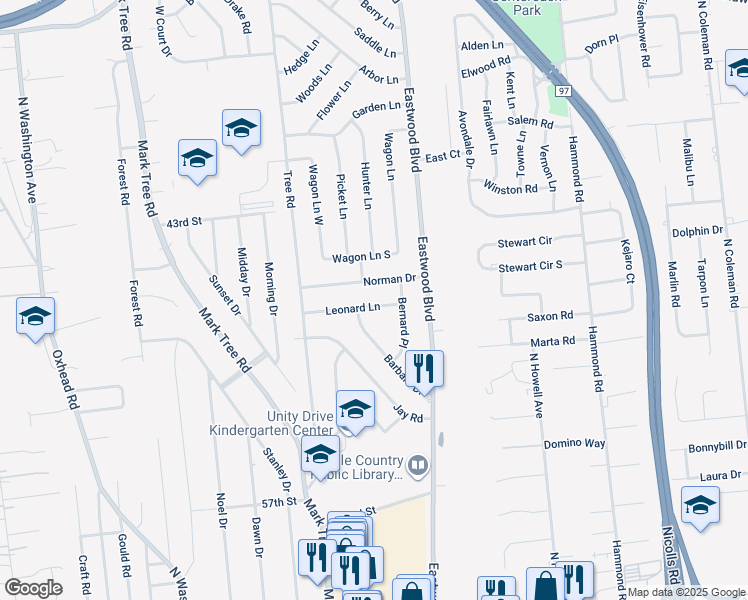 map of restaurants, bars, coffee shops, grocery stores, and more near 12 Leonard Lane in Centereach