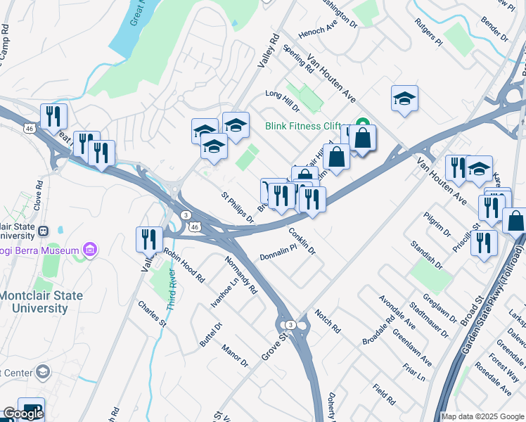 map of restaurants, bars, coffee shops, grocery stores, and more near 71 Brook Hill Terrace in Clifton
