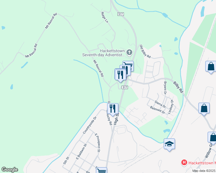 map of restaurants, bars, coffee shops, grocery stores, and more near 130 Mount Rascal Road in Hackettstown