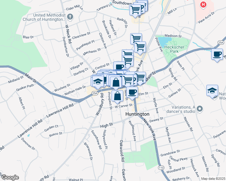 map of restaurants, bars, coffee shops, grocery stores, and more near 12 Prospect Street in Huntington
