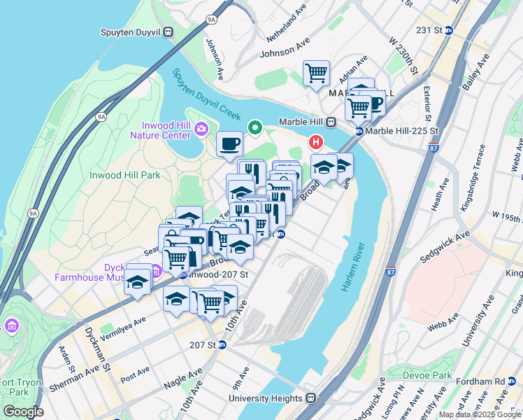 map of restaurants, bars, coffee shops, grocery stores, and more near 55 Park Terrace East in New York
