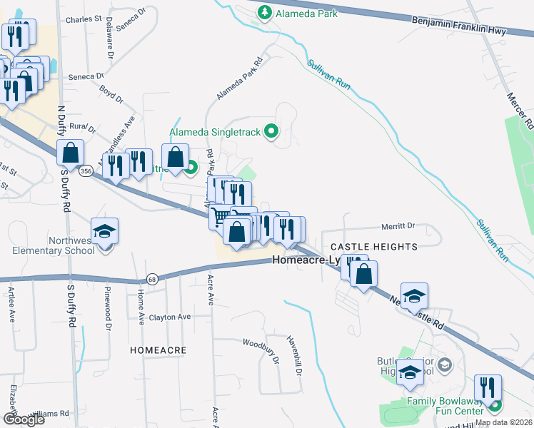 map of restaurants, bars, coffee shops, grocery stores, and more near 138 Alameda Road in Butler