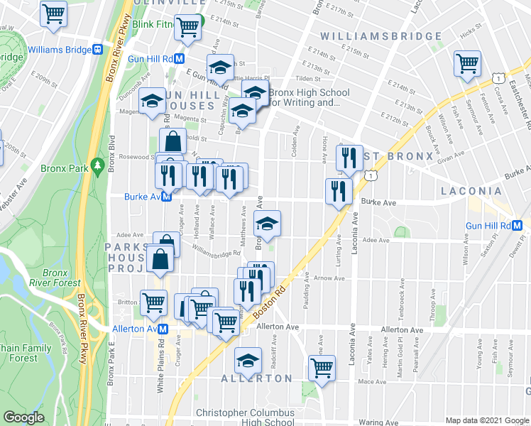 map of restaurants, bars, coffee shops, grocery stores, and more near 3036 Bronxwood Avenue in Bronx