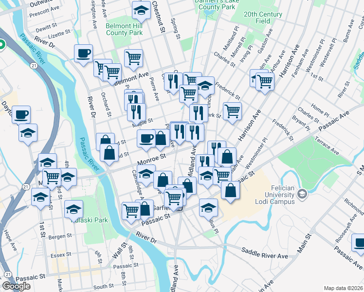 map of restaurants, bars, coffee shops, grocery stores, and more near 129 Monroe Street in Garfield